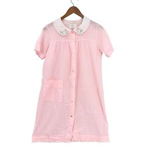 KATZ Vintage 70s Sheer Night Gown Lace Trim Buttons Flowers Pink